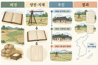 낡은 토지대장과 논밭, 측량·증서 발급 과정, 연표와 한반도 지도를 담은 4칸 도해