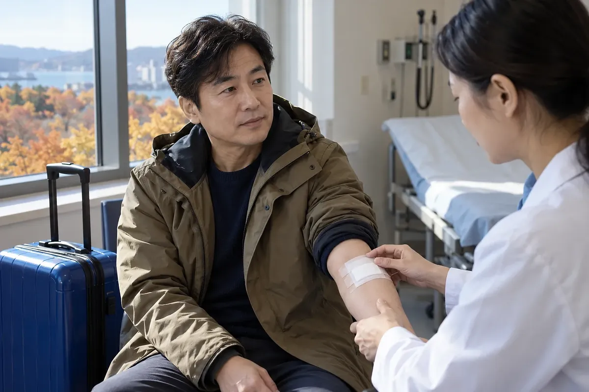 병원 진료실에서 의료진이 파란 여행 가방 옆에 앉은 남성의 팔 붕대를 확인한다.