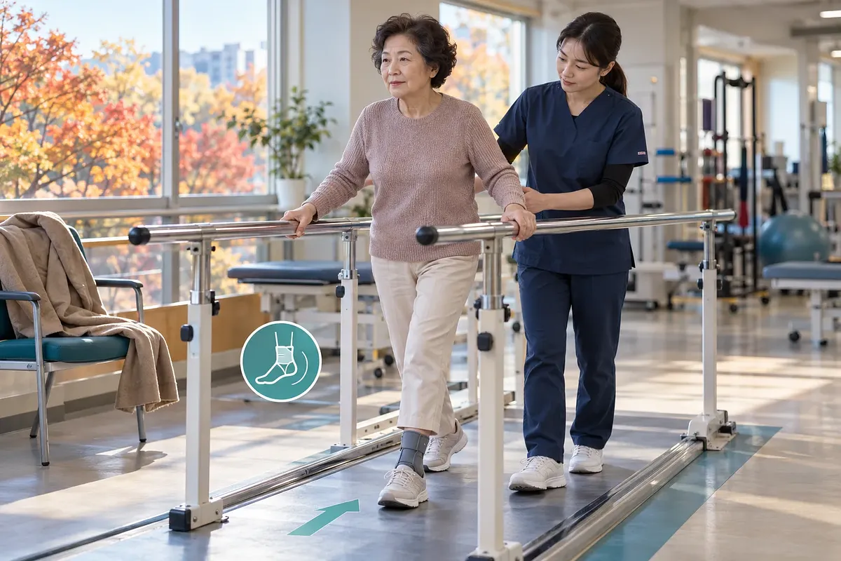 足首に装具を着けた女性が、理学療法士に支えられながら平行棒の間で歩行練習をしている。
