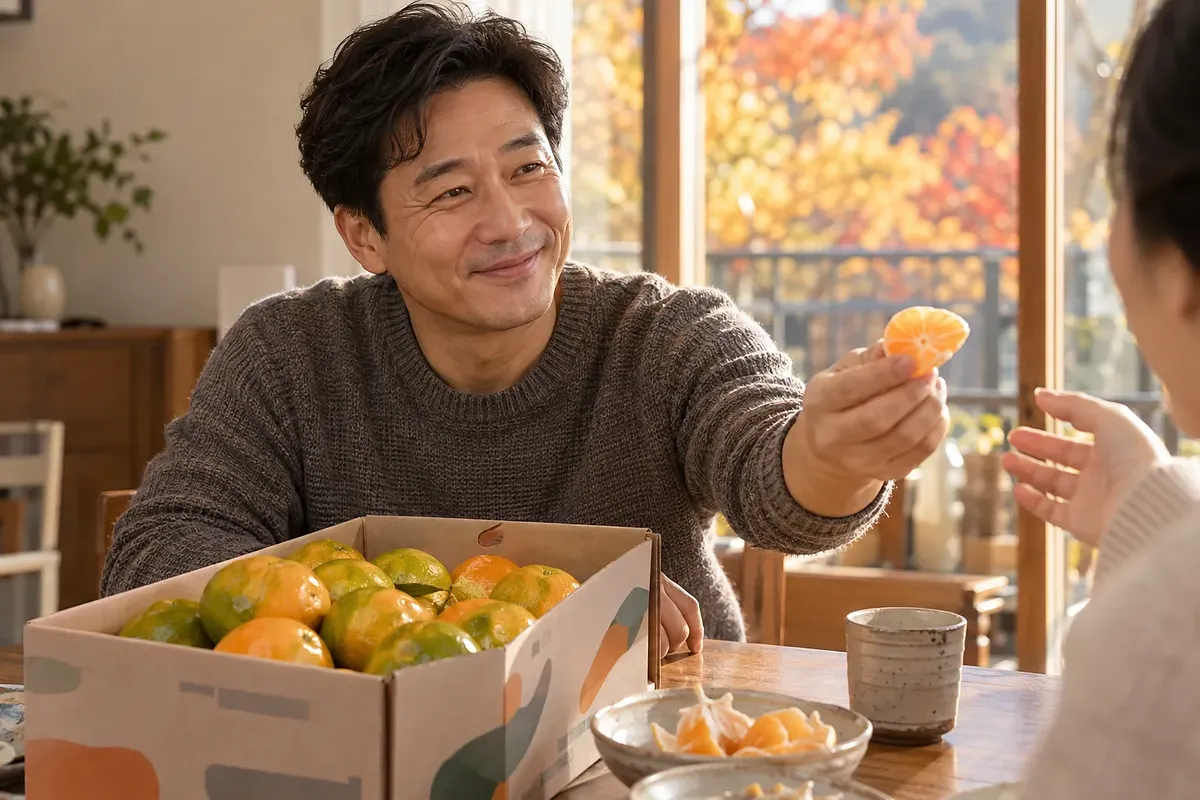 스웨터를 입은 남성이 미소 지으며 귤 조각을 건네고, 앞에는 초록빛과 주황빛 귤이 담긴 상자가 놓여 있다.