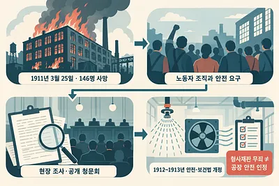 Four-panel flow from factory fire to worker organizing, hearings, and safety reforms, with a note about acquittal