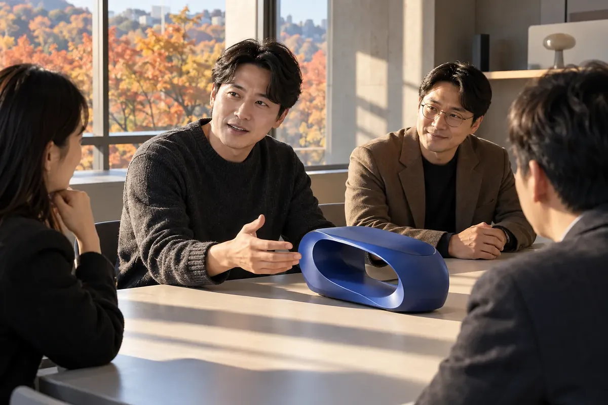 会議テーブルで男性が青い製品の試作品を説明し、3人が耳を傾けている。