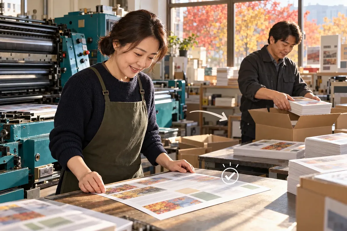 A woman examines a printed sheet beside a press while a man packs stacks of prints into a box.