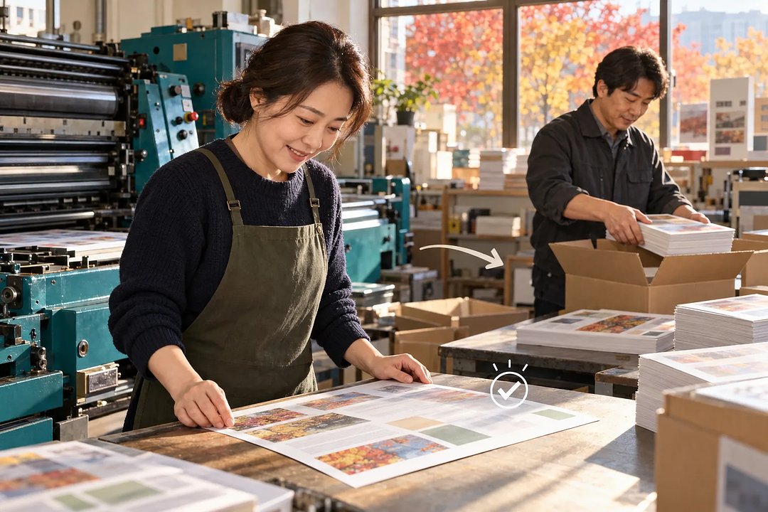 인쇄기 옆에서 여성이 인쇄물을 살펴보고, 남성이 인쇄물 더미를 상자에 담는다.