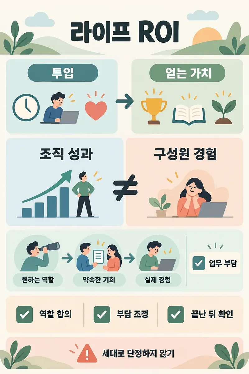 시간·노력·감정의 투입과 얻는 가치, 조직 성과와 구성원 경험의 차이를 보여주는 라이프 ROI 인포그래픽