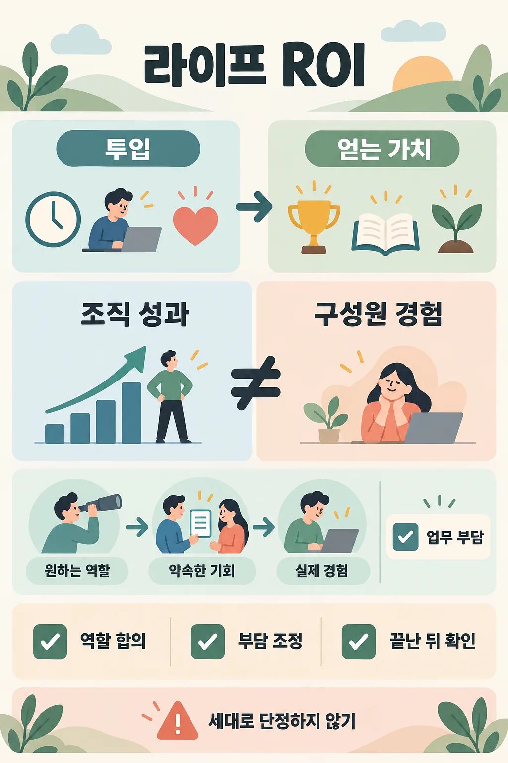 시간·노력·감정의 투입과 얻는 가치, 조직 성과와 구성원 경험의 차이를 보여주는 라이프 ROI 인포그래픽