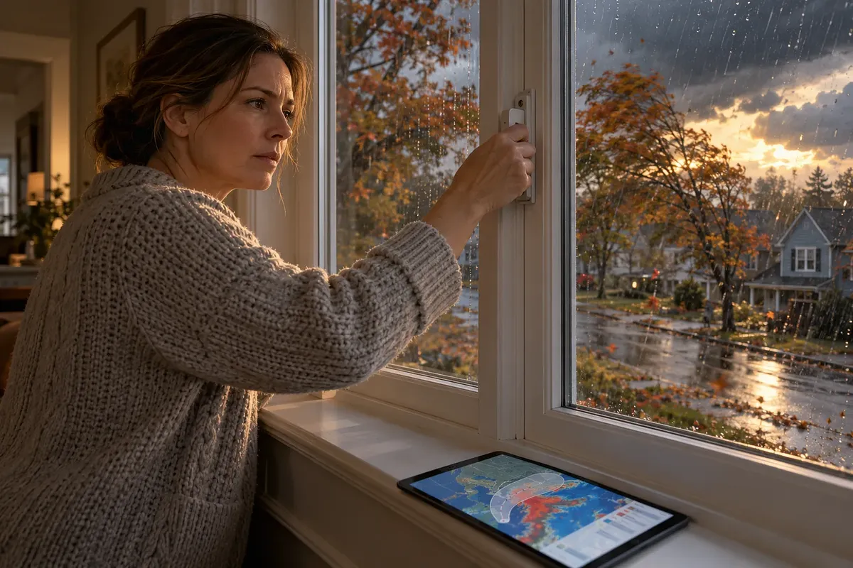 Una mujer sujeta el cierre de una ventana mientras llueve afuera; una tableta muestra un mapa de la tormenta.