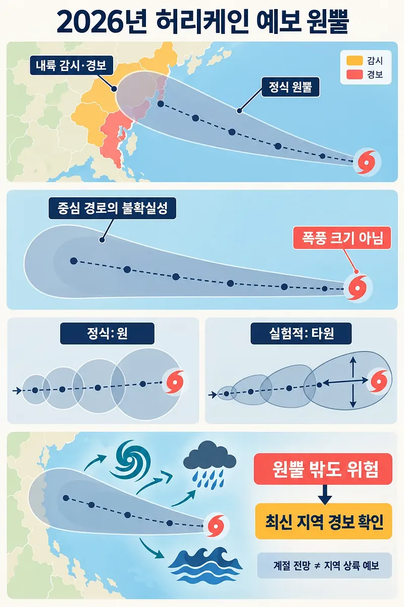 내륙 감시·경보가 표시된 해안 지도와 정식·실험적 예보 원뿔 비교 도식