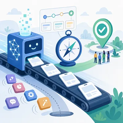 AI robot making app screens on a conveyor, with a compass, roadmap, and check marker