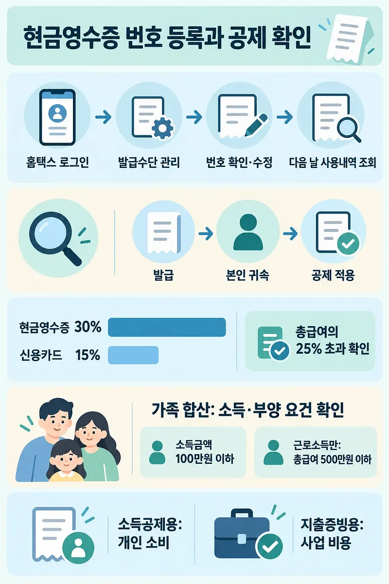 현금영수증 번호 등록 절차와 공제율, 가족 합산 조건, 지출증빙 용도를 정리한 인포그래픽