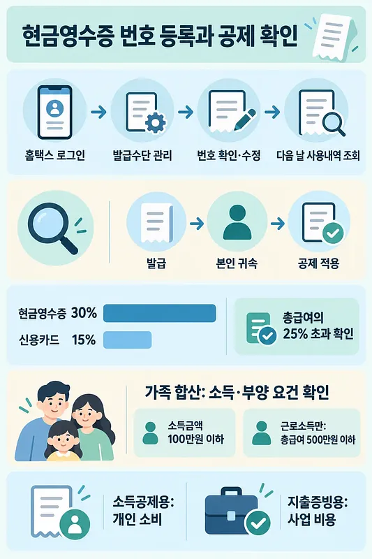 현금영수증 번호 등록 절차와 공제율, 가족 합산 조건, 지출증빙 용도를 정리한 인포그래픽