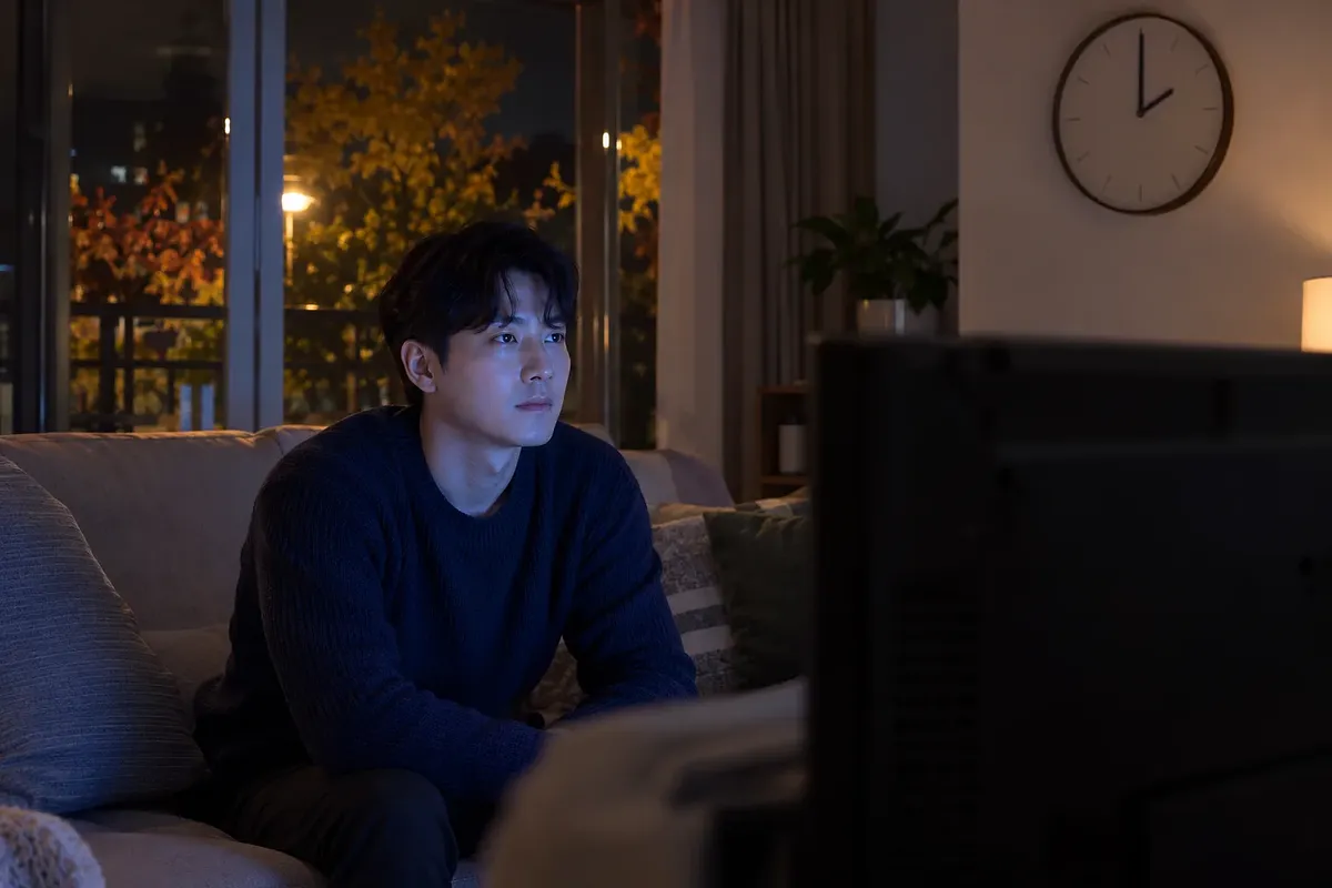 A man watches TV from a sofa at night as a wall clock shows two o’clock.