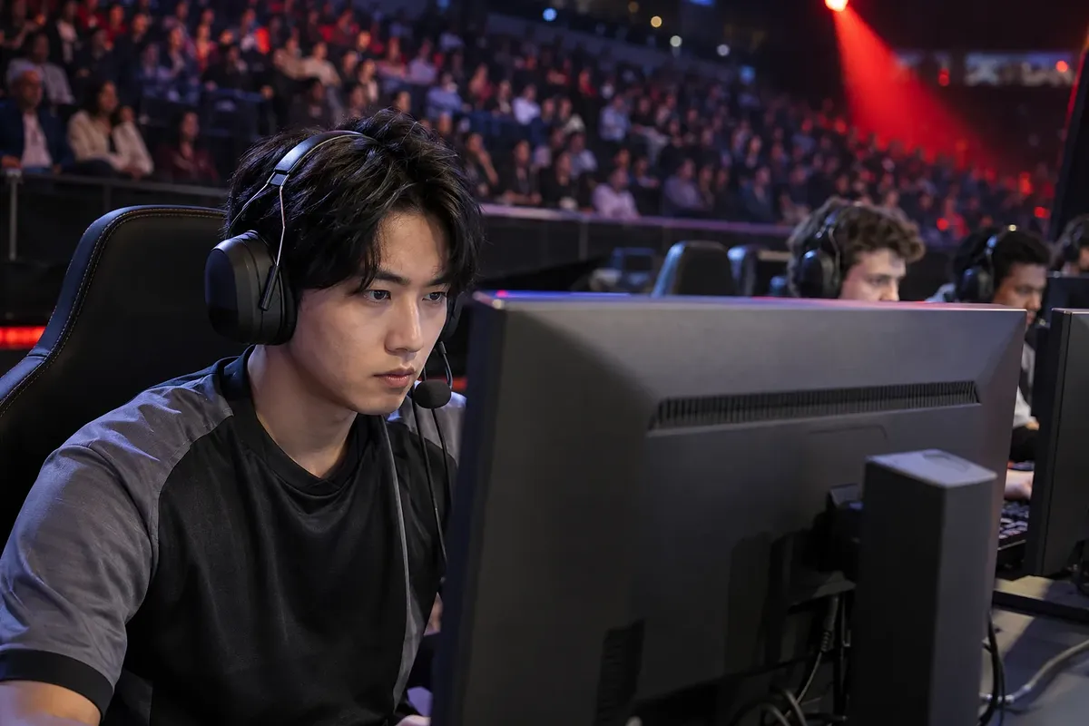 A headset-wearing player focuses on his monitor in an indoor arena filled with spectators.