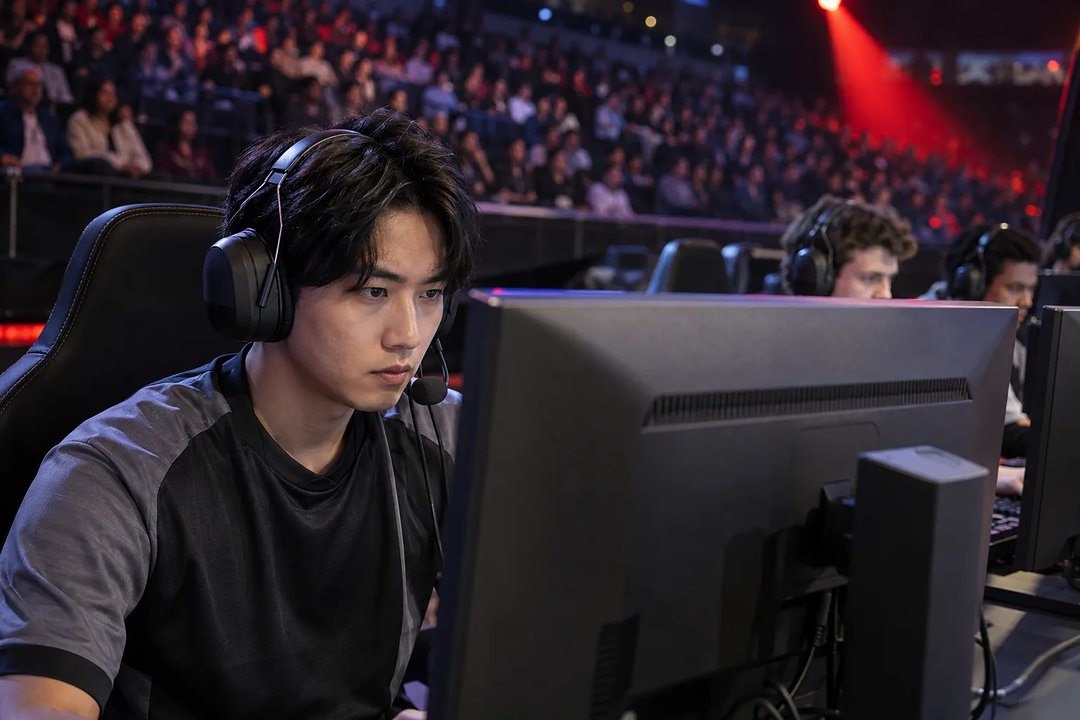 A headset-wearing player focuses on his monitor in an indoor arena filled with spectators.