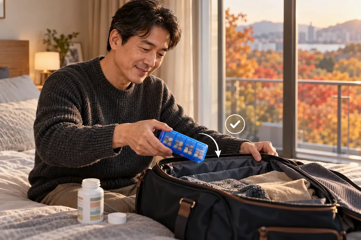 Un hombre guarda un pastillero azul lleno en una bolsa de viaje abierta; a su lado hay un frasco destapado.