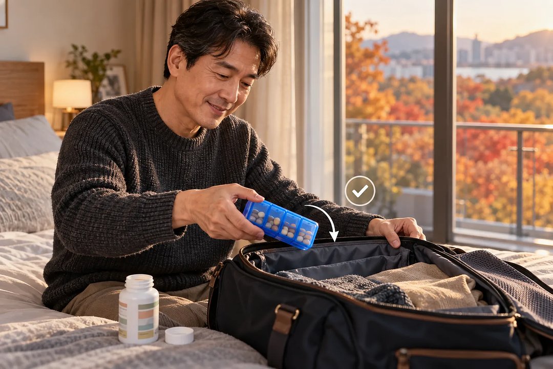 침실에서 남성이 알약이 담긴 파란 약통을 열린 여행 가방에 넣고 있으며, 옆에 뚜껑을 연 병이 놓여 있다.