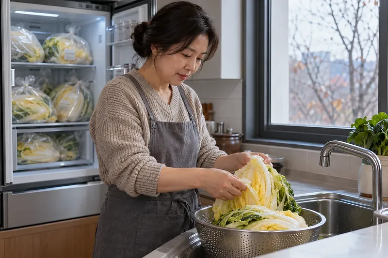 Una mujer revisa las hojas de col china salada en un colador junto al fregadero; hay más col en bolsas en la nevera abierta.