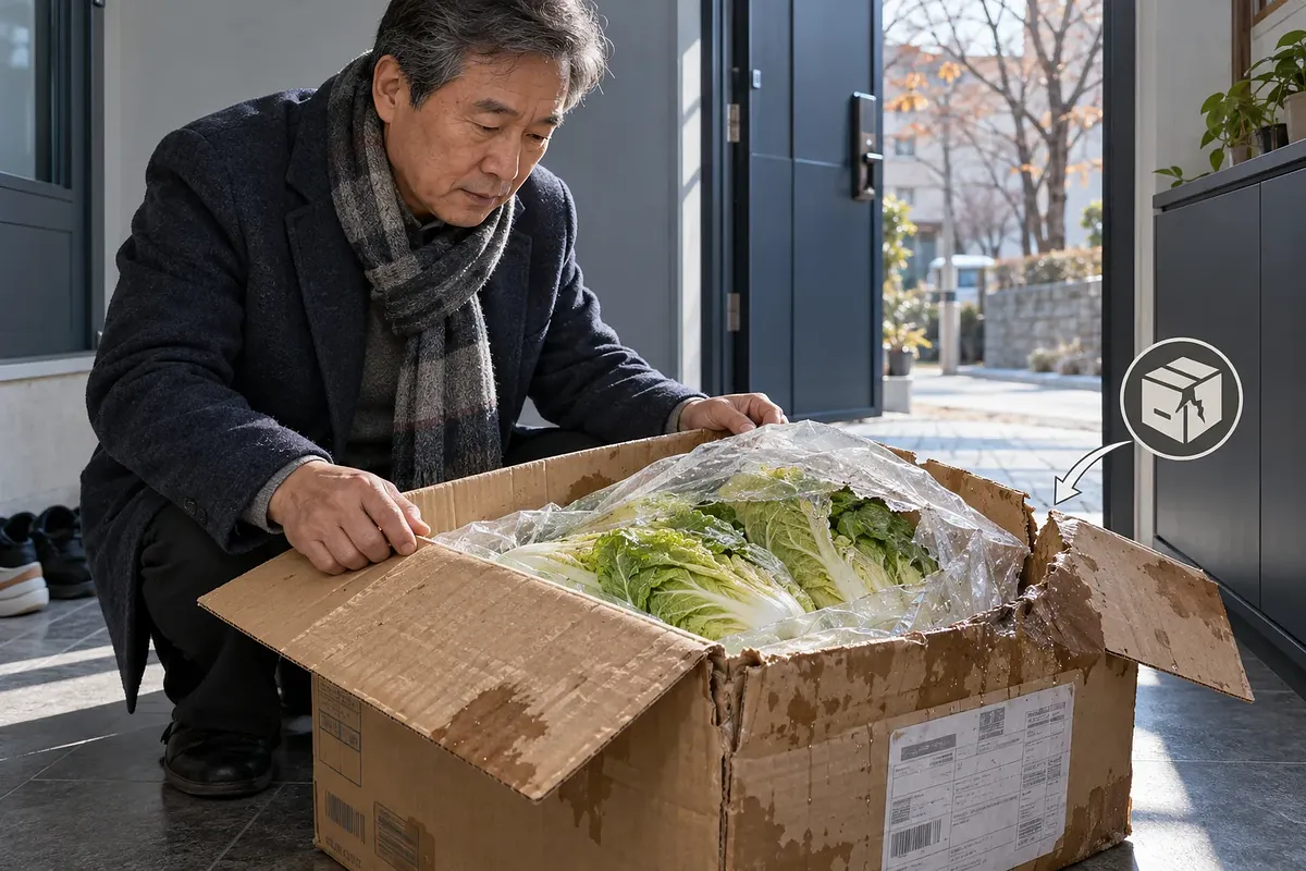 A man examines a box of salted napa cabbage with torn inner packaging and a wet carton.