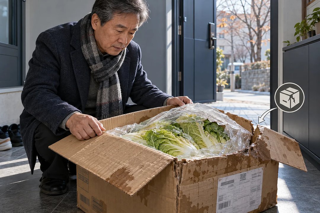 현관에서 남성이 찢어진 비닐 포장과 젖은 상자가 드러난 절임배추 배송 상자를 살펴본다.
