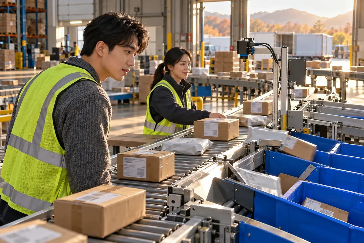 物流倉庫で安全ベストを着た二人が、荷物の流れる仕分けコンベヤーを見守っている。