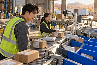 Two people in safety vests watch parcels move along a sorting conveyor in a warehouse.