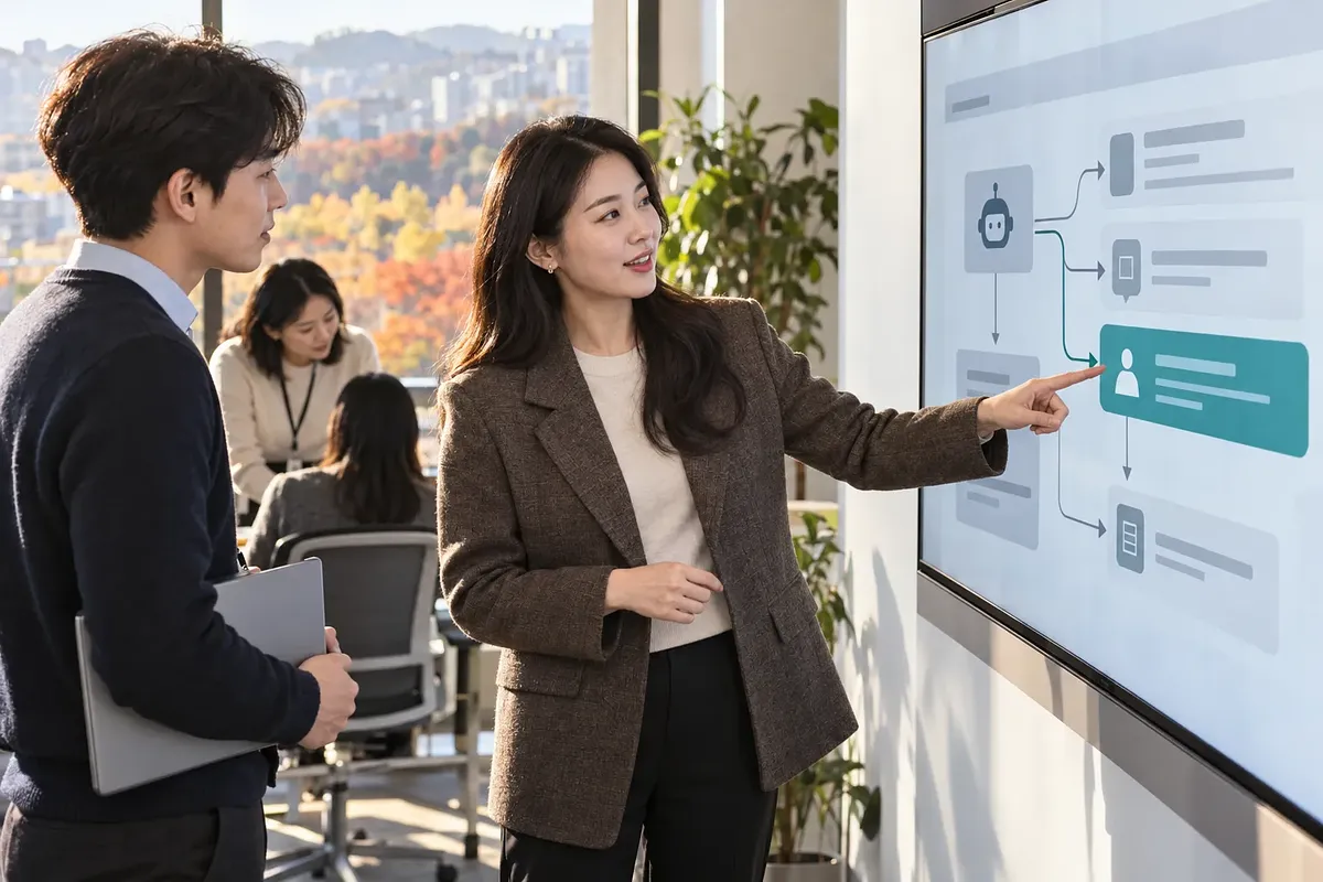 사무실에서 여성이 AI 업무 흐름 화면의 사람 담당 단계을 가리키고, 옆의 남성이 듣고 있다.
