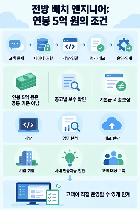 FDE의 업무 흐름, 연봉 5억 원에 대한 주의점, 필요 역량과 경력 경로를 정리한 인포그래픽