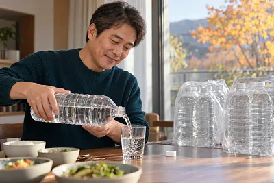 A man pours water from an unlabeled bottle into a glass at the dinner table, with packs of water beside him.