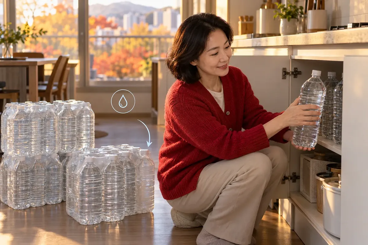 A woman in a red cardigan puts an unlabeled water bottle in a cupboard beside packs of bottled water.