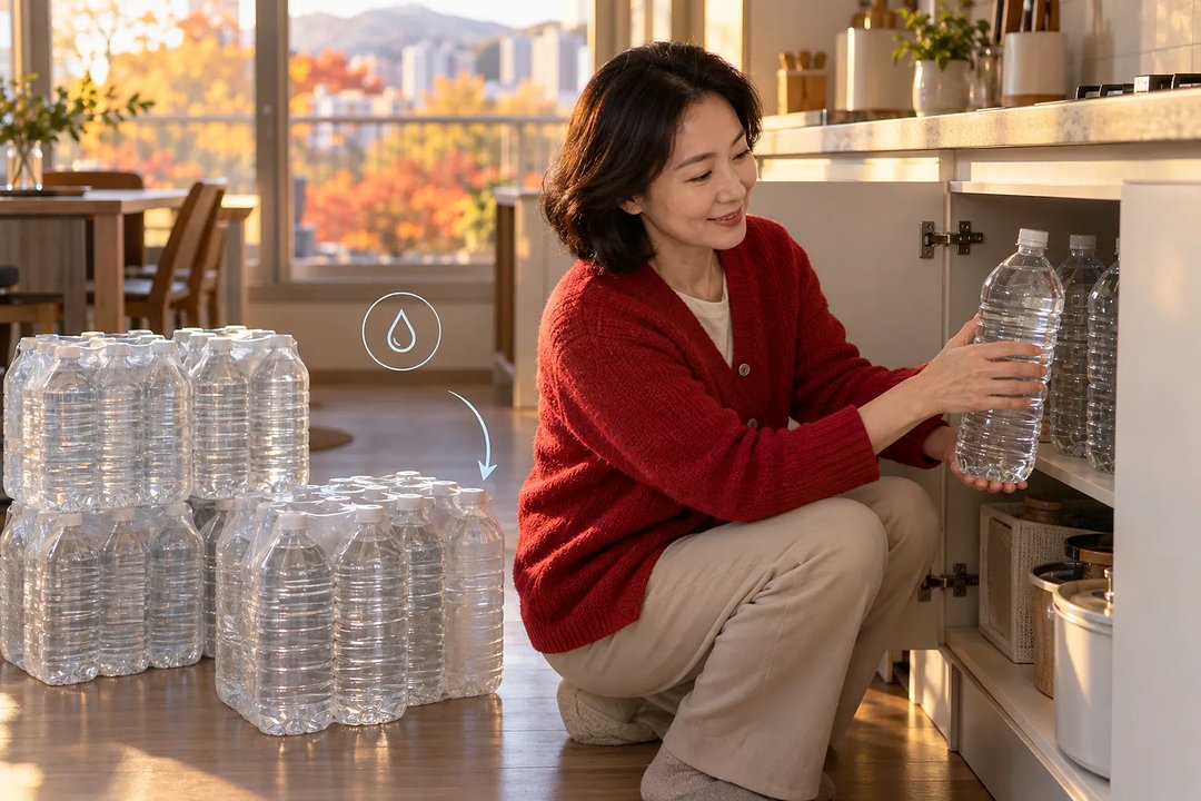 빨간 카디건을 입은 여성이 무라벨 생수병을 찬장에 넣고 있고, 옆에 생수 묶음이 놓여 있다.