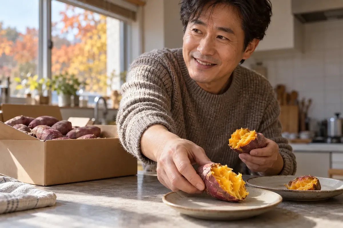 男性が割った焼き芋を皿に置き、後ろには生のサツマイモが入った箱がある。