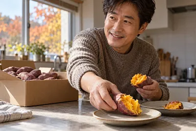 A man places a split roasted sweet potato on a plate, with a box of raw sweet potatoes behind him.