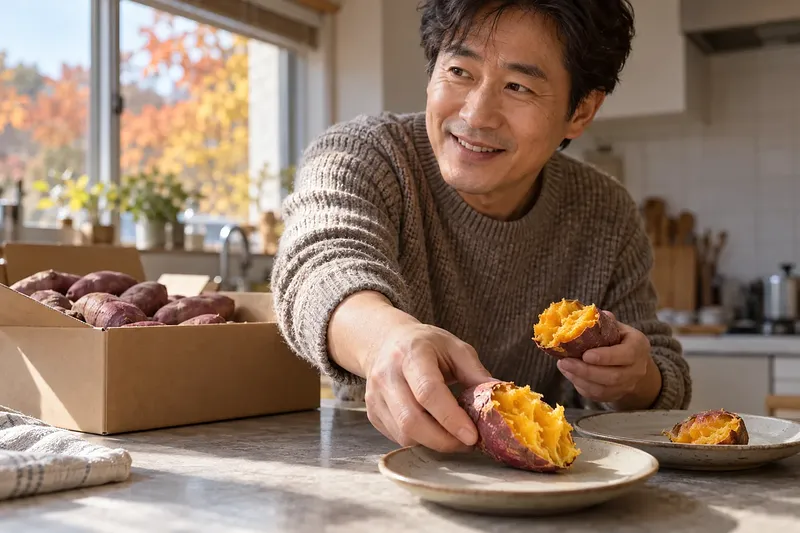 주방에서 남성이 노란 속살의 구운 고구마를 접시에 놓고 있고, 뒤에는 생고구마 상자가 있다.