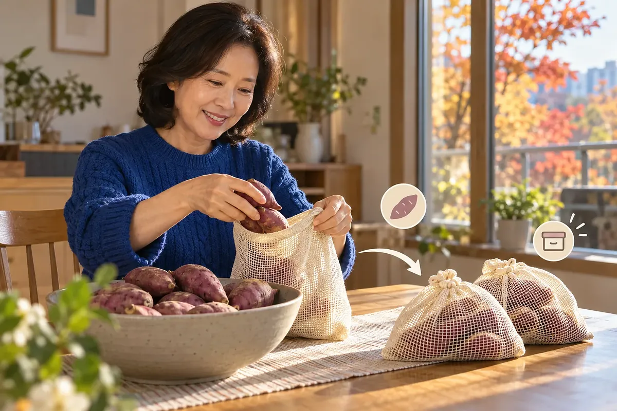 파란 스웨터를 입은 여성이 고구마를 망 주머니에 담고 있고, 식탁에는 고구마 그릇과 채워진 주머니 두 개가 놓여 있다.