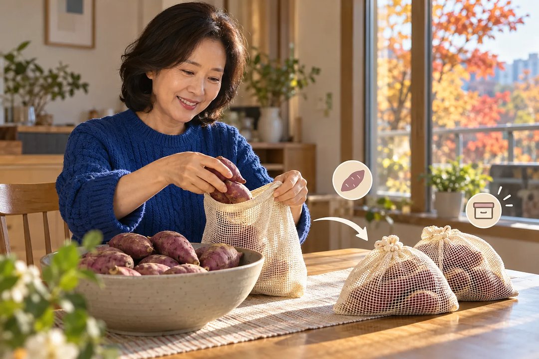 파란 스웨터를 입은 여성이 고구마를 망 주머니에 담고 있고, 식탁에는 고구마 그릇과 채워진 주머니 두 개가 놓여 있다.