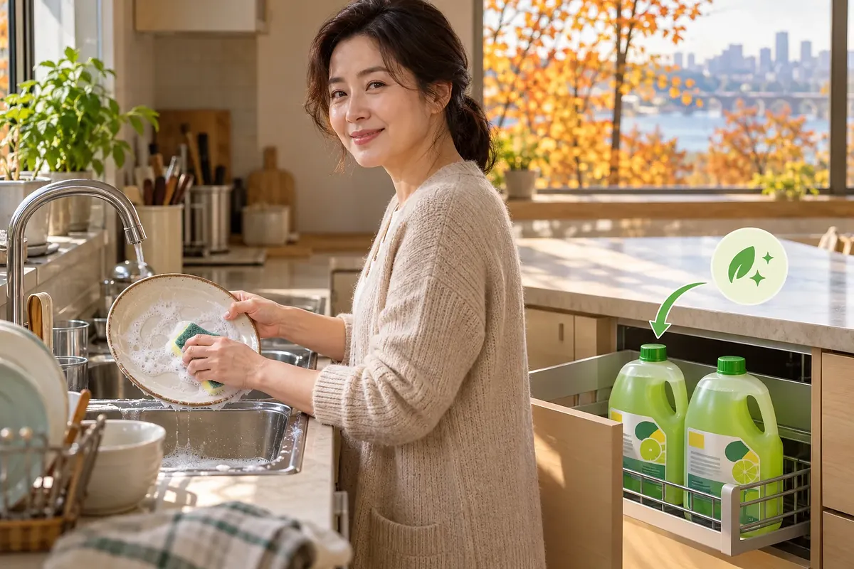 女性が流し台で皿を洗い、開いた収納にはライムの食器用洗剤が2本置かれている。