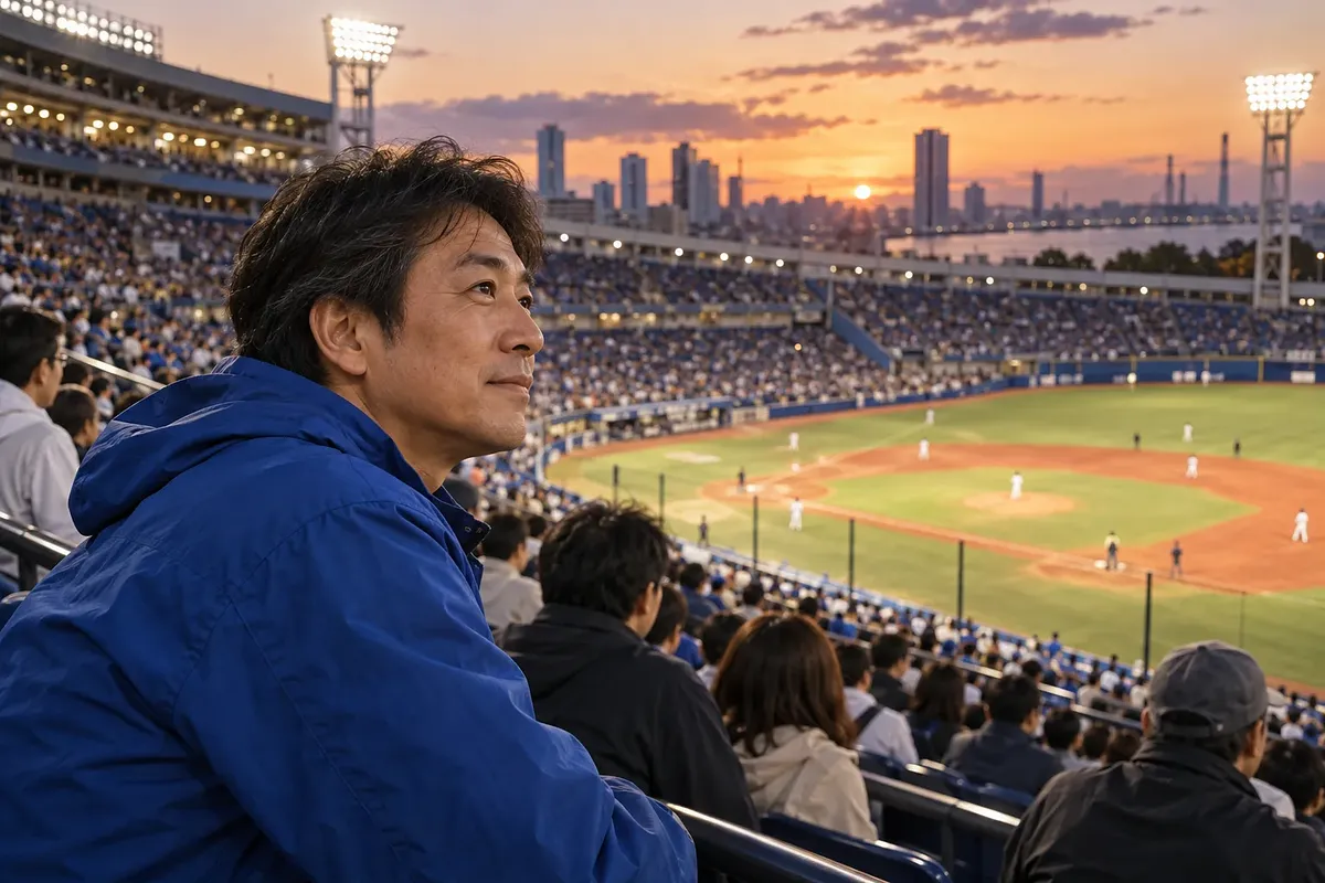 夕暮れの観客席で青い上着の男性が、照明のついた野球場を見つめている。