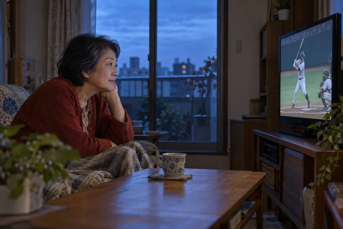 明け方の居間で、赤いカーディガンを着た女性がテレビの野球中継を見ている。