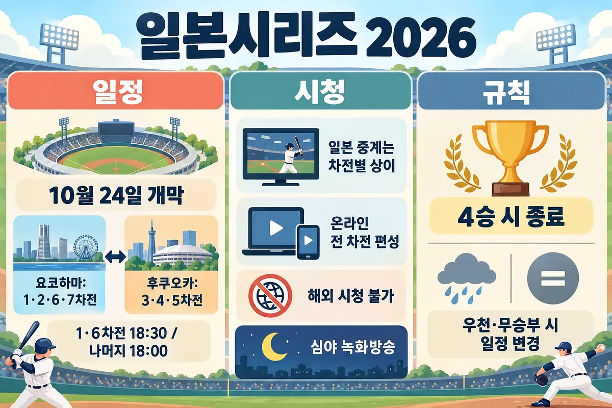 Korean infographic showing Japan Series 2026 venues, game times, viewing options and series rules.