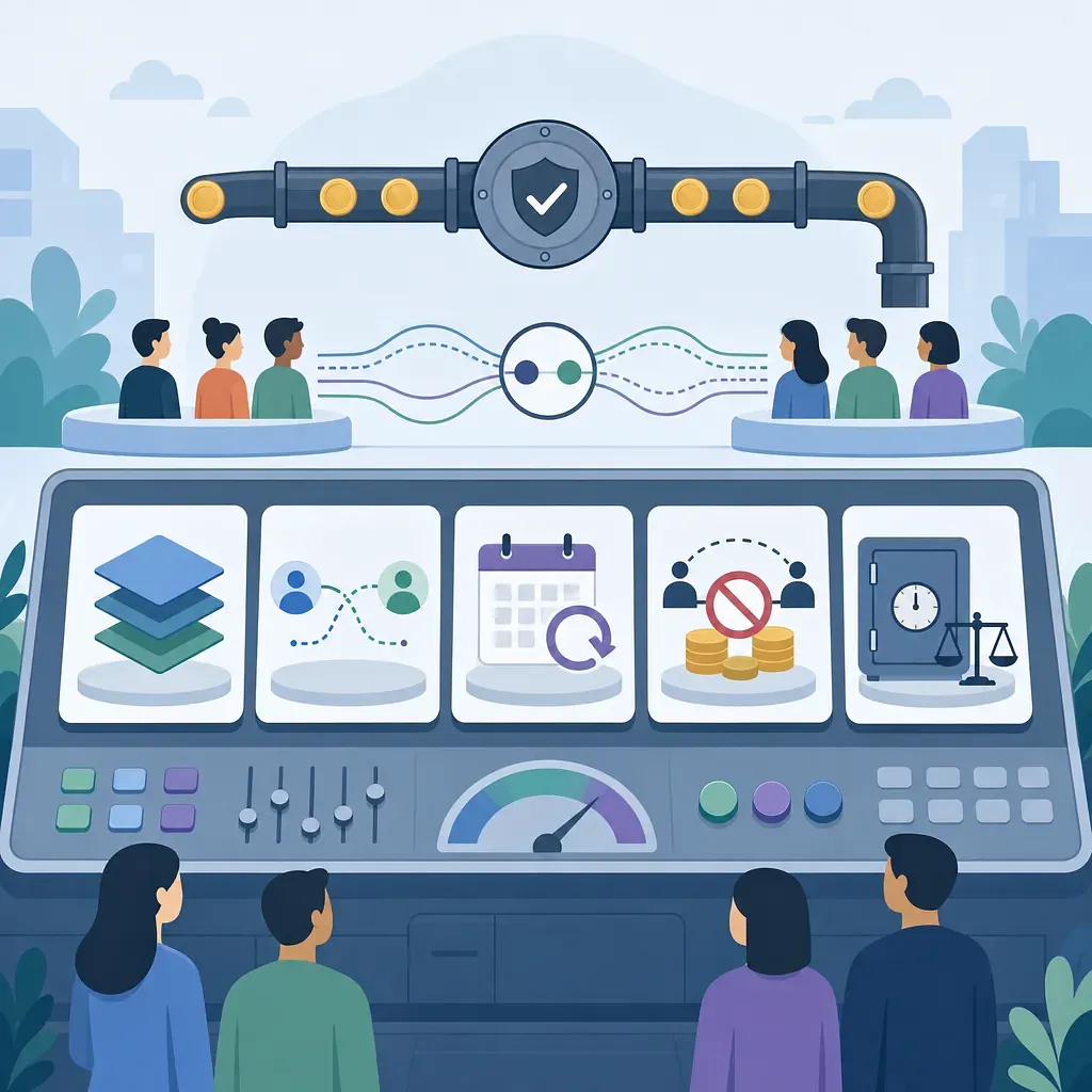 Panel de control de una plataforma de matching con tubería verificada y cinco iconos de políticas
