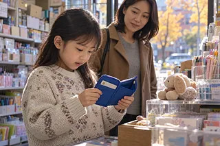 文具店で、子どもがカードの入った青い財布をのぞき、そばで保護者が見守っている。
