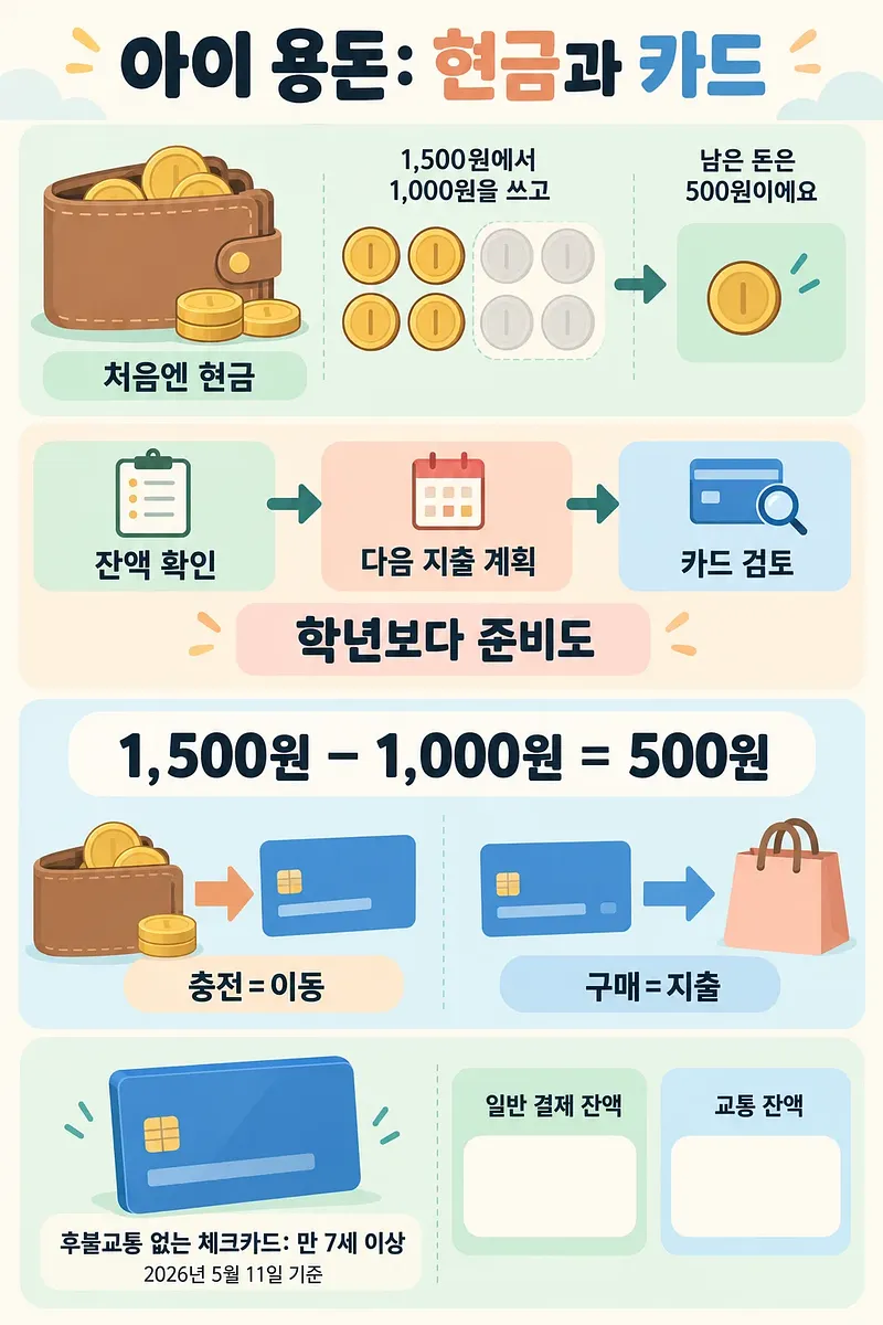 현금으로 남은 돈 세기, 카드 전환 준비, 충전과 지출 구분, 두 종류의 잔액을 안내하는 인포그래픽