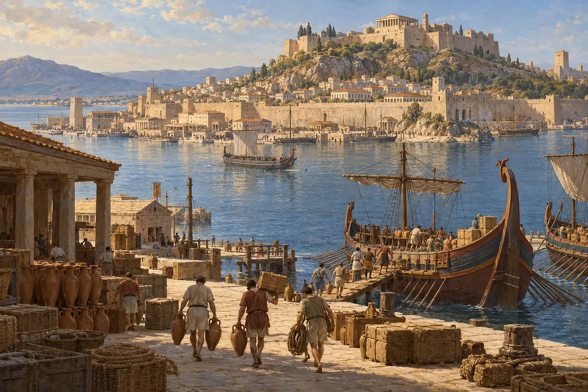 People load amphorae and crates onto oared ships in a harbor below a fortified hilltop city.