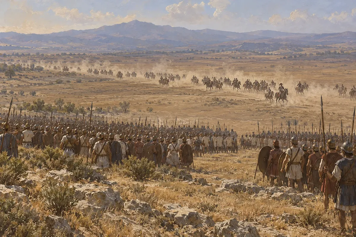 Cavalry ride across a dusty plain toward ranks of infantry carrying spears and shields.