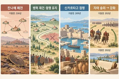 カンナエの盾、同盟都市と進軍、新カルタゴの港、ザマの騎兵と講和文書をつなぐ4コマの図