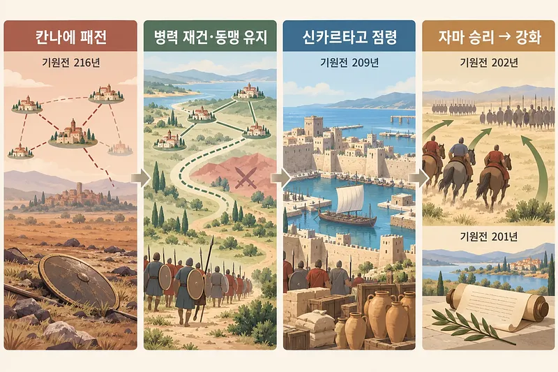 칸나에의 버려진 방패, 동맹 지도와 행군, 신카르타고 항구, 자마의 기병과 강화 문서를 잇는 4단계 도표
