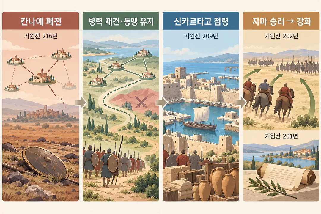 칸나에의 버려진 방패, 동맹 지도와 행군, 신카르타고 항구, 자마의 기병과 강화 문서를 잇는 4단계 도표