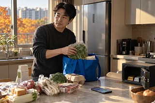 A man unpacks groceries in a kitchen beside a phone and an open safe holding gold and silver bars.