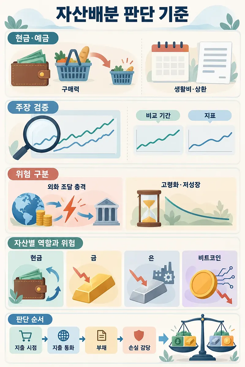 현금의 구매력, 통계 검증, 위험 구분, 자산별 특성과 판단 순서를 정리한 세로형 인포그래픽