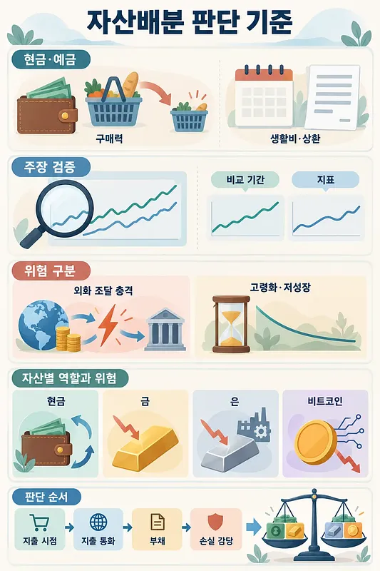 買い物かごの縮小、比較グラフ、危機と高齢化、4種類の資産、判断の流れを示す縦長の図解